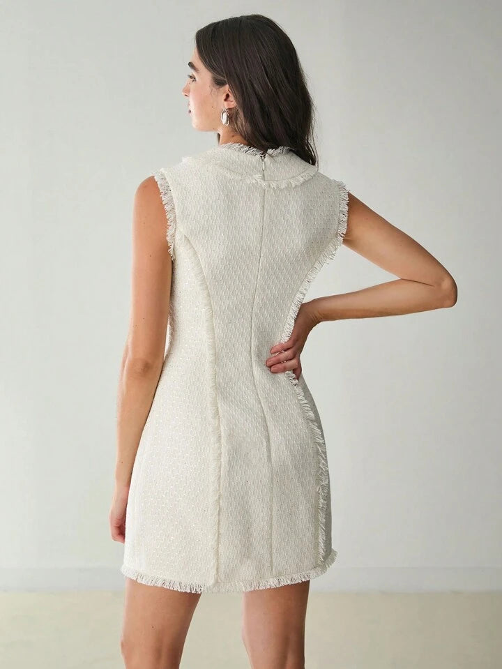 CM-DS866449 Women Elegant Seoul Style Sweetheart Neckline Sleeveless Sequin Tweed Dress - White