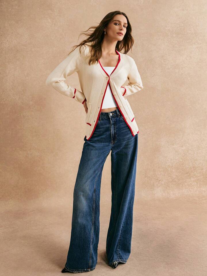 CM-CS363235 Women Casual Seoul Style V-Neck Long-Sleeved Contrasting Edge Design Cardigan - White