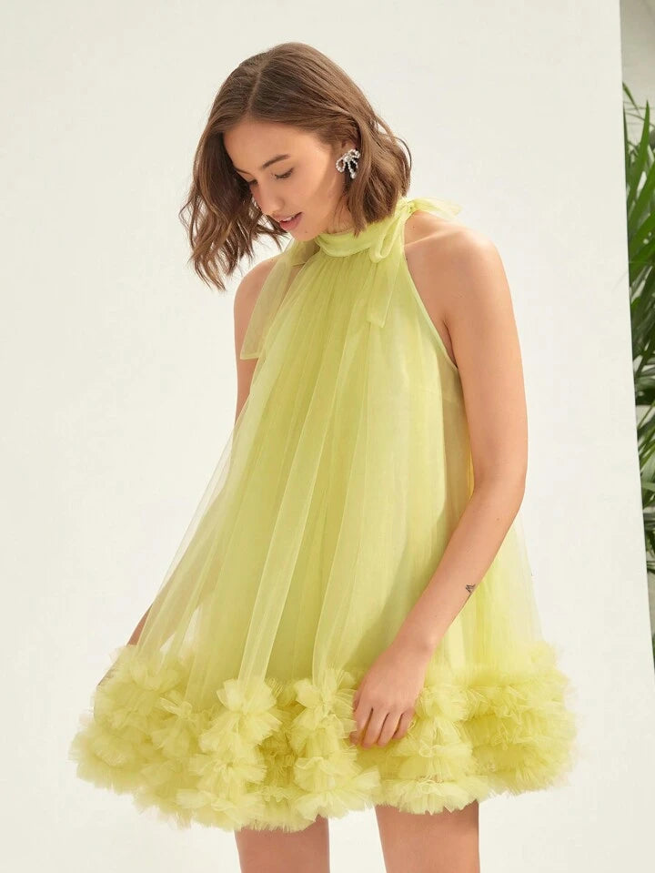 CM-DS054600 Women Elegant Seoul Style Multi-Layered Mesh Halter Neck Dress - Yellow