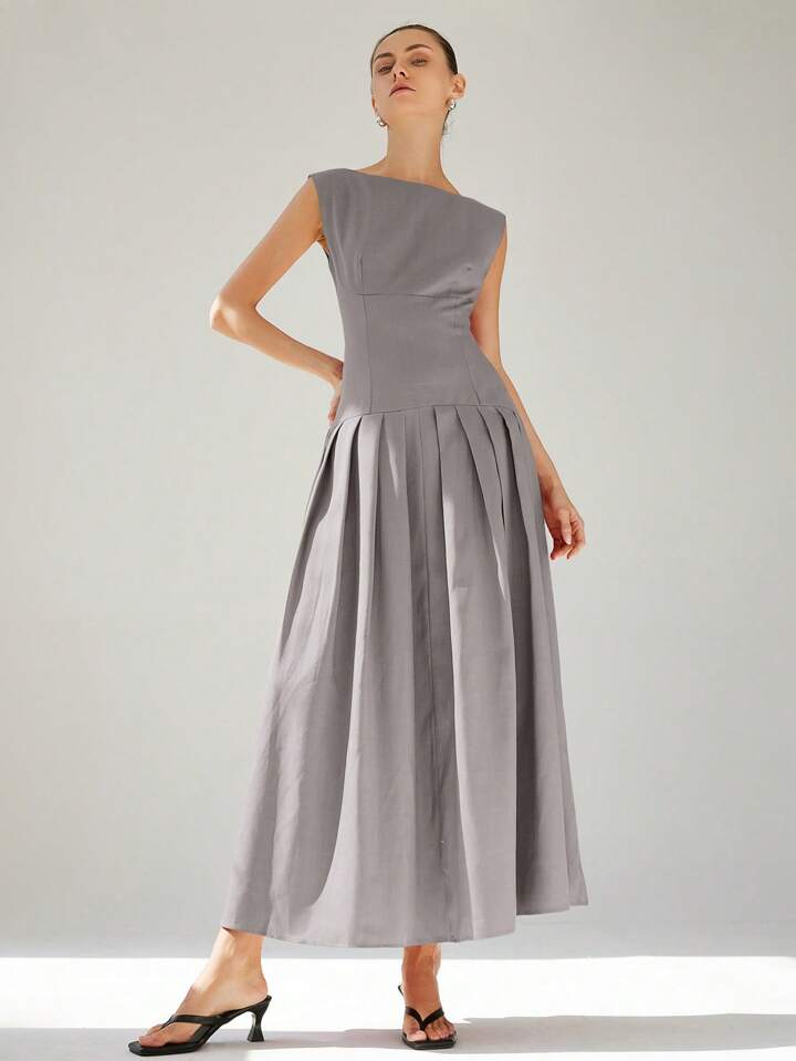 CM-DS887721 Women Elegant Seoul Style Sleeveless Cinched Waist Low Waist Pleated Ruffle Hem Long Dress - Gray