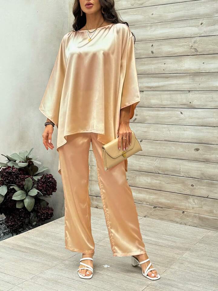 CM-SS244088 Women Elegant Seoul Style Satin Round Neck 3/4 Sleeve With Long Pants - Set