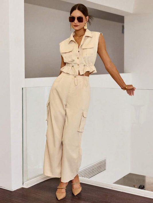 CM-SS109190 Women Casual Seoul Style Button Sleeveless Top With Drawstring Waist Work Pants - Khaki