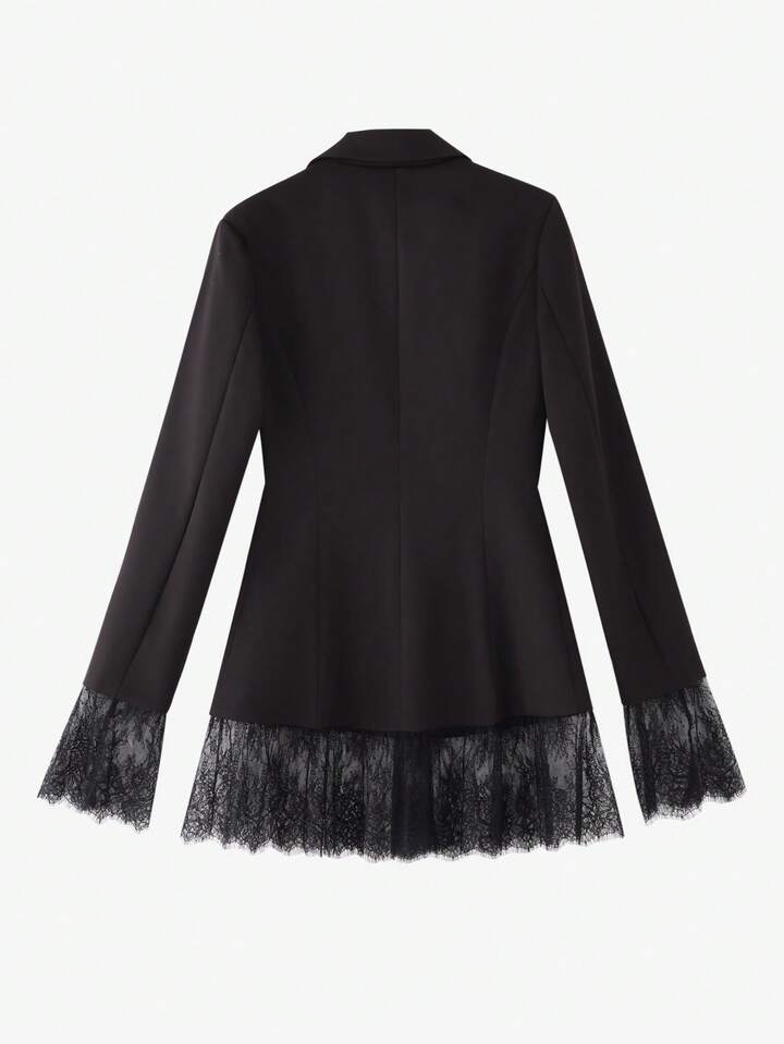 CM-CS055860 Women Elegant Seoul Style Solid Color Pocket Lace Patchwork Button Waist Blazer Jacket - Black