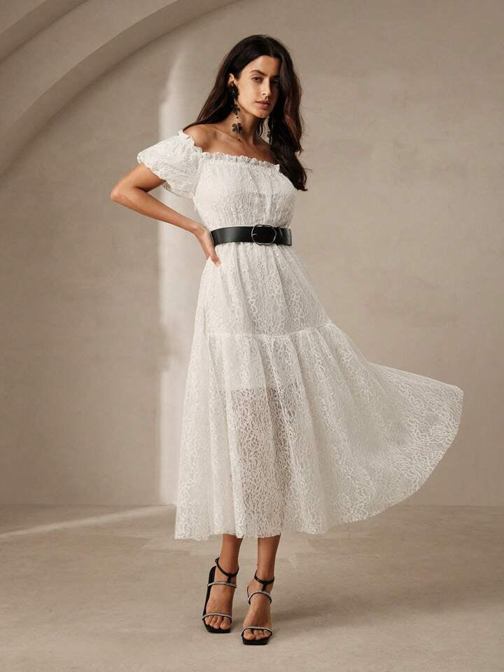 CM-DS047391 Women Elegant Seoul Style Lace Off the Shoulder Puff Sleeve Long Dress - White