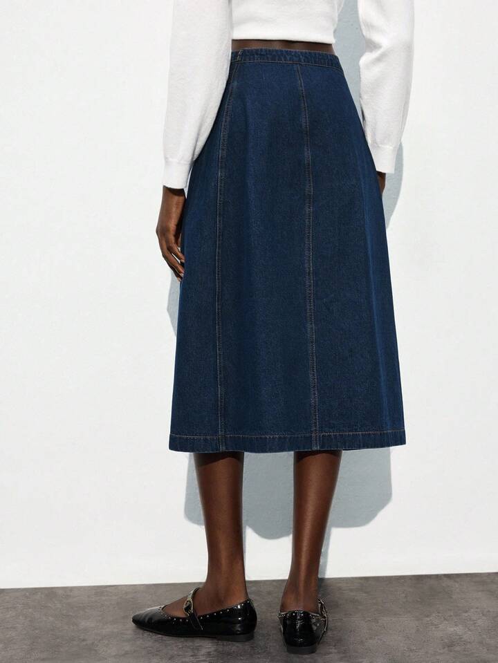 CM-BS200224 Women Casual Seoul Style Dark Wash Mid Waist Side Buckle Design A-Line Midi Denim Skirt