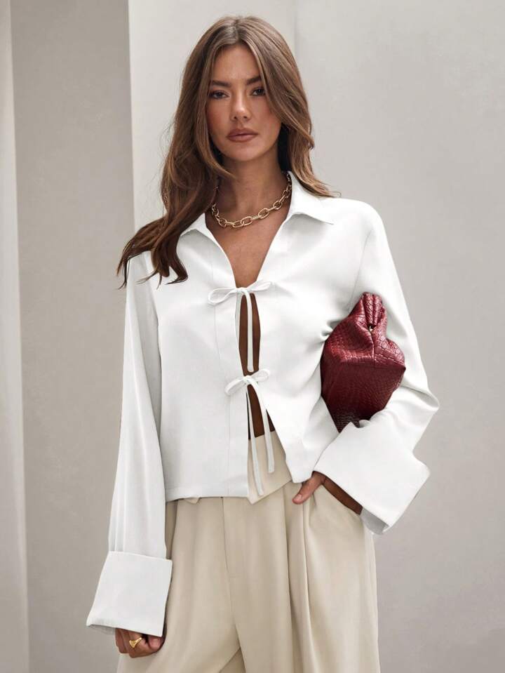 CM-TS833170 Women Trendy Bohemian Style Shirt Collar Front Tie Long Sleeve Shirt - White
