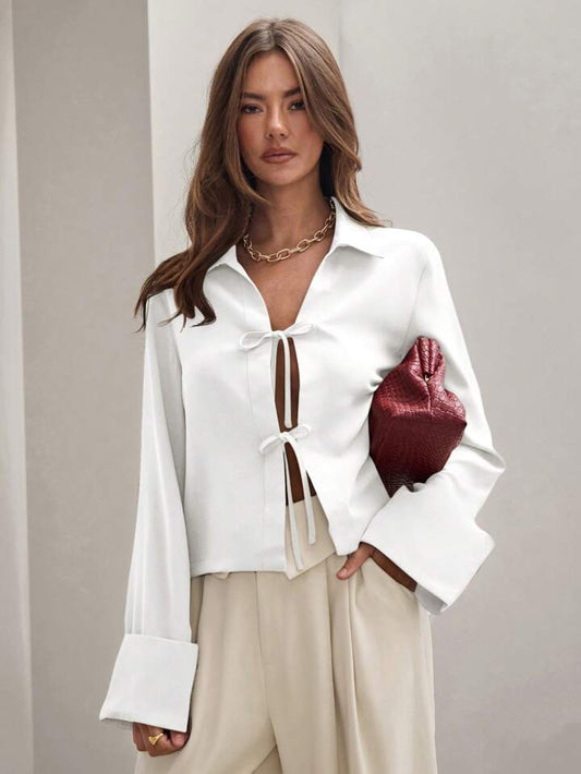 CM-TS833170 Women Trendy Bohemian Style Shirt Collar Front Tie Long Sleeve Shirt - White