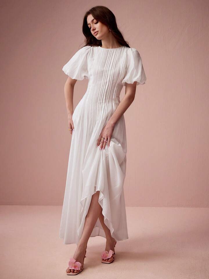 CM-DS127260 Women Elegant Seoul Style Round Neck Bubble Pleat Puff Long Sleeve Maxi Dress - White