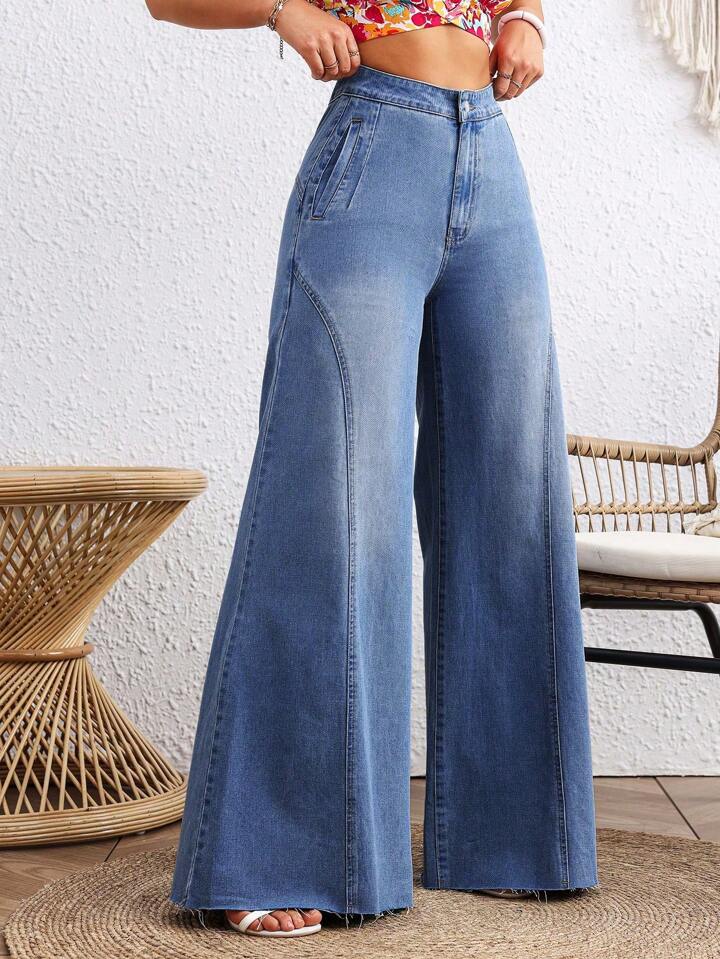 CM-BS226495 Women Casual Seoul Style Medium Wash Loose Button Zipper Mom Fit Wide Leg Denim Pants
