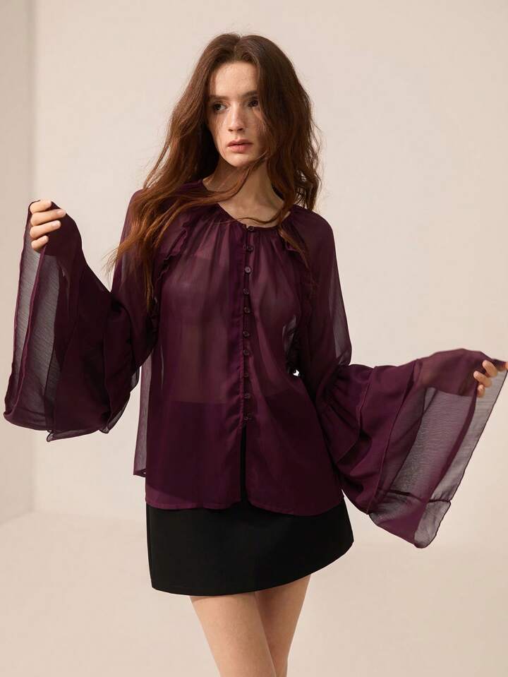 CM-TS850216 Women Elegant Seoul Style Chiffon Crinkle Round Neck Button Front Layered Ruffled Long Sleeve Blouse