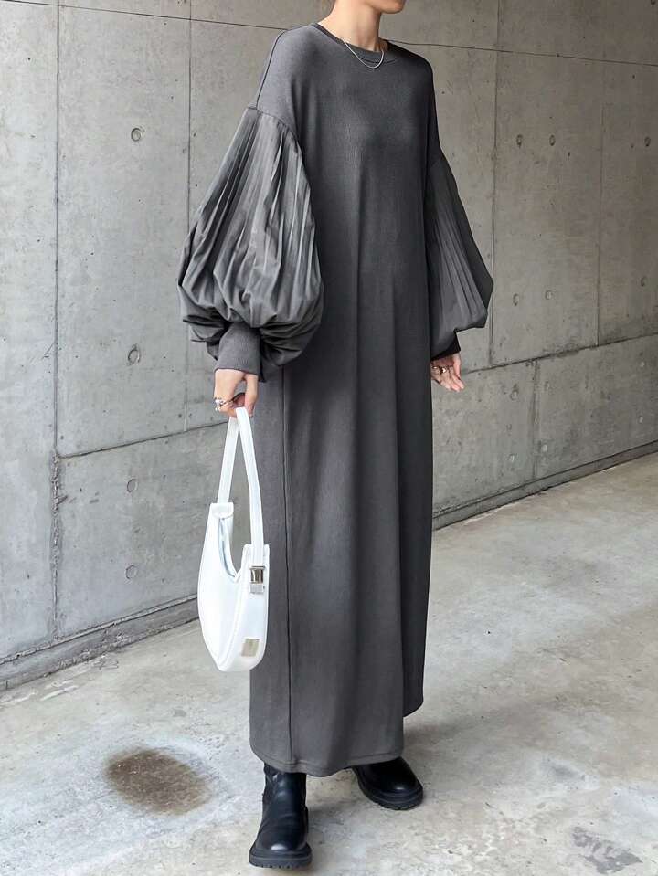 CM-DS455539 Women Casual Seoul Style Solid Color Round Neck Lantern Sleeve Straight Midi Dress - Gray