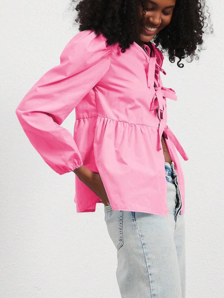 CM-TS042575 Women Casual Seoul Style Print Ruffle Hem Tie Long Sleeve Shirt - Hot Pink
