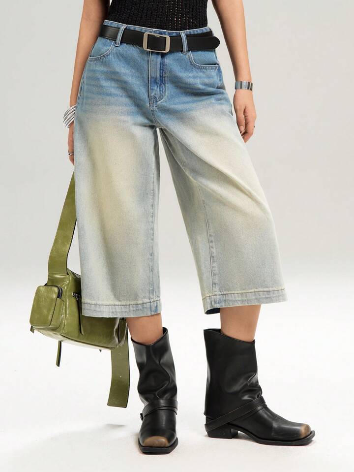 CM-BS655311 Women Casual Seoul Style Pocketed Wide Leg Loose 7/8 Length Denim Jeans