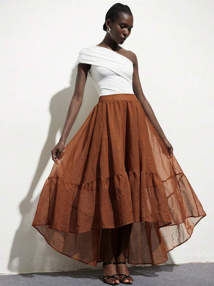 CM-BS228766 Women Casual Seoul Style High Waisted Puffed Layered Ruffle Hem A-Line Skirt - Coffee Brown