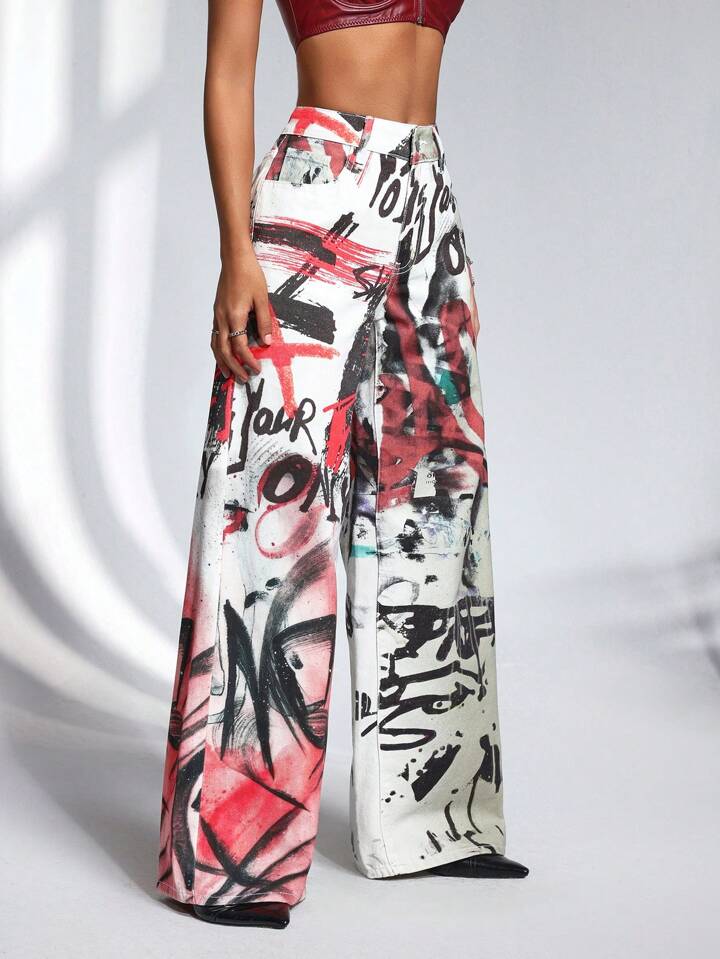CM-BS645242 Women Casual Seoul Style Mid Waist All-Over Print Wide Leg Denim Long Pants