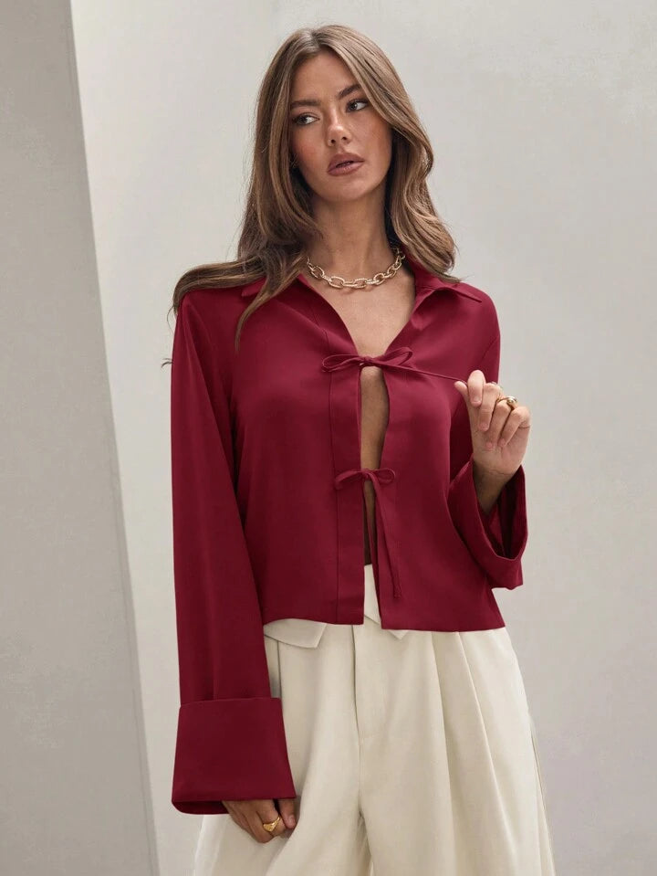 CM-TS803598 Women Trendy Bohemian Style Shirt Collar Front Tie Long Sleeve Shirt - Burgundy