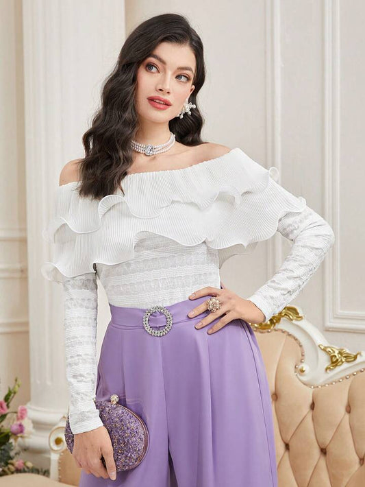 CM-TS342923 Women Elegant Seoul Style Off Shoulder Tiered Layer Long Sleeve Top - White