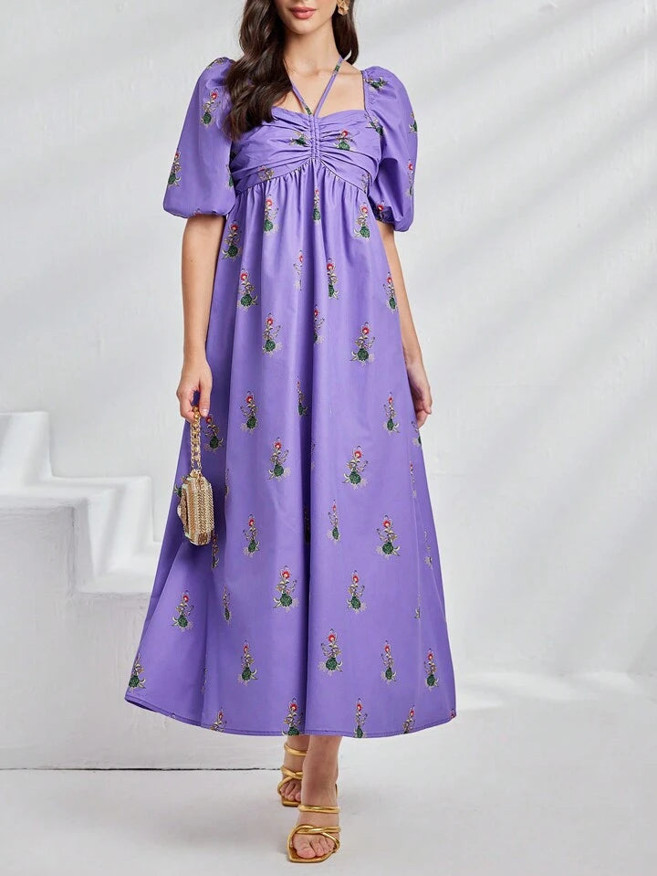 CM-DS444291 Women Casual Seoul Style Floral Print Short Puff Sleeve Long Dress - Purple