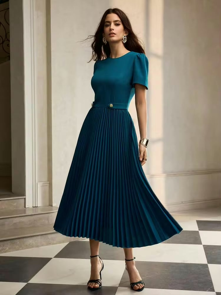 CM-DS660745 Women Elegant Seoul Style Round Neck Puff Sleeve Pleated Hem A-Line Mid-Length Dress - Teal Blue