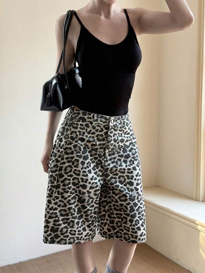 CM-BS269781 Women Casual Seoul Style Mid Waist Print Loose Bermuda Denim Shorts - Brown