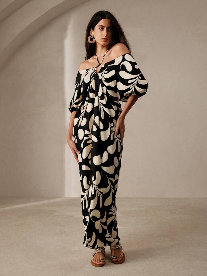 CM-DS248226 Women Trendy Bohemian Style Printed Pleated Backless Maxi Dress - Black