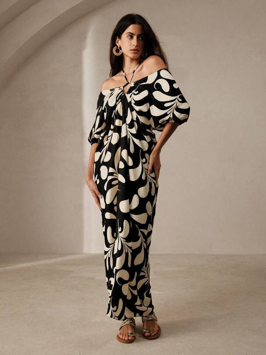 CM-DS248226 Women Trendy Bohemian Style Printed Pleated Backless Maxi Dress - Black