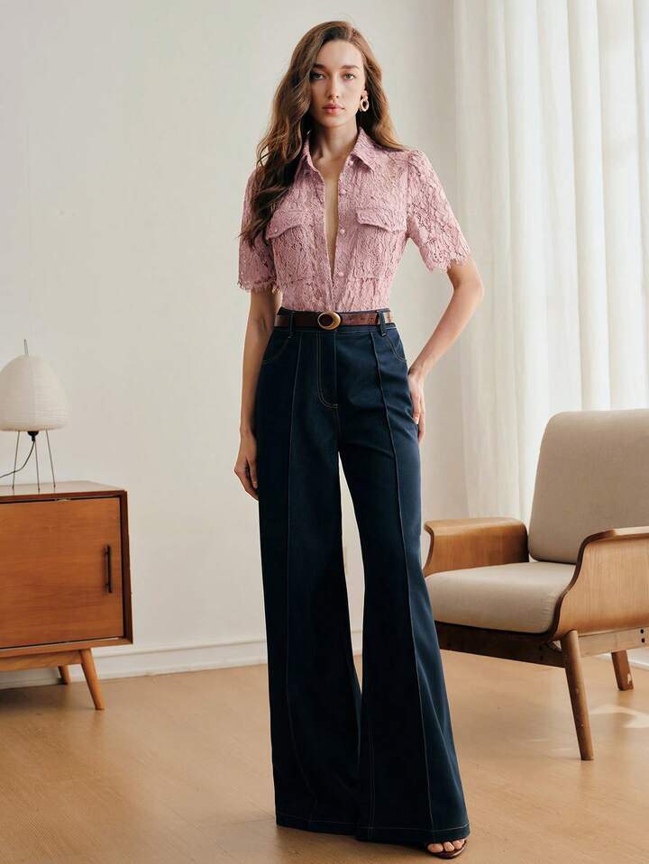 CM-TS636795 Women Elegant Seoul Style Lace Hollow Out Shirt Collar Short Sleeve Blouse - Pink