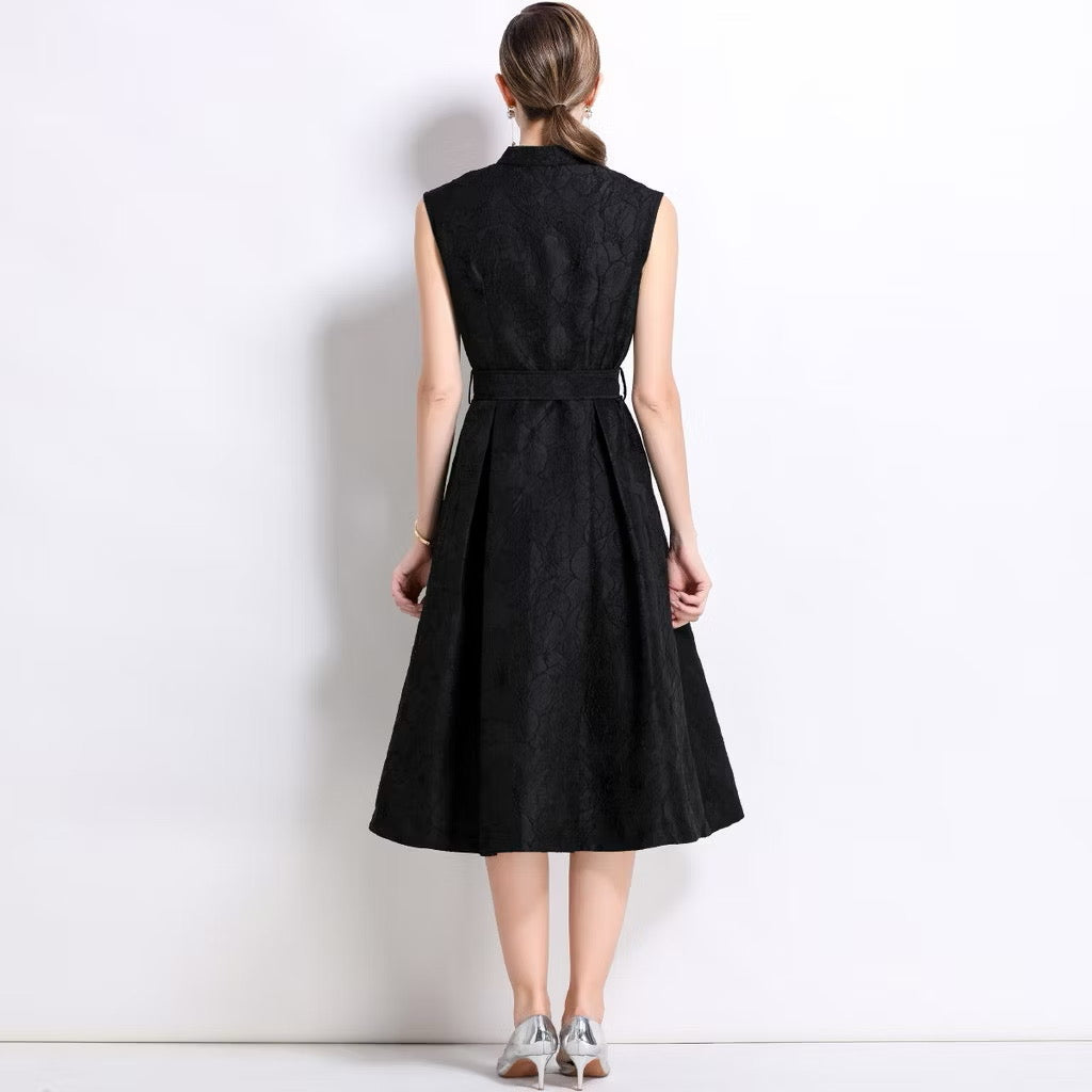 CM-DY054302 Women Elegant European Style Stand Collar Sleeveless Slim Mid-Length Dress - Black