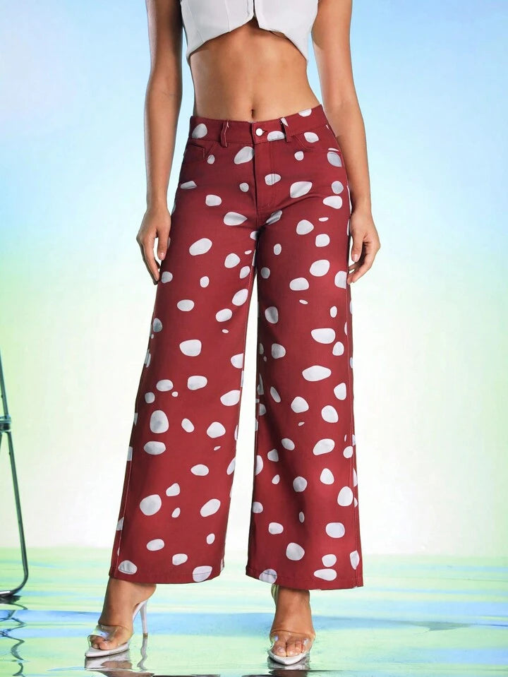 CM-BS490737 Women Casual Seoul Style Drop Waist Polka Dot Print Wide Leg Pants - Red