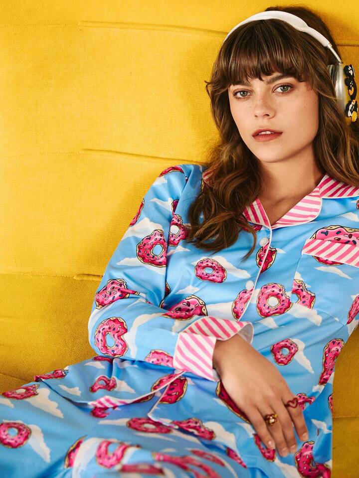 CM-LS010075 Women Trendy Seoul Style Donut And Cloud Print Patchwork Stripe Pajama Set