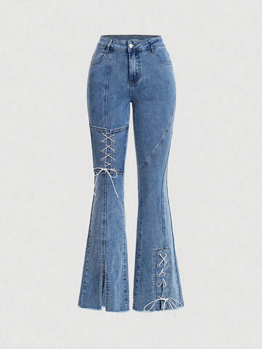 CM-BS000707 Women Preppy Seoul Style Light Wash Lace Up Drop Waist Slim Fit Denim Jeans