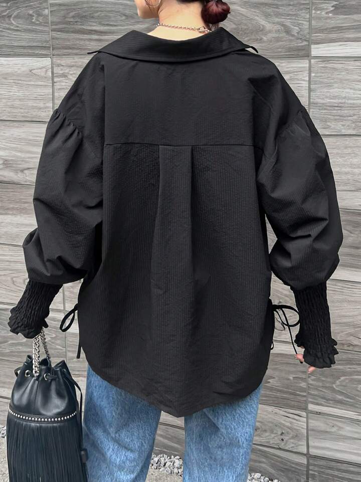 CM-TS551571 Women Casual Seoul Style Drop Shoulder Long Sleeve Single Breasted Shirt - Black