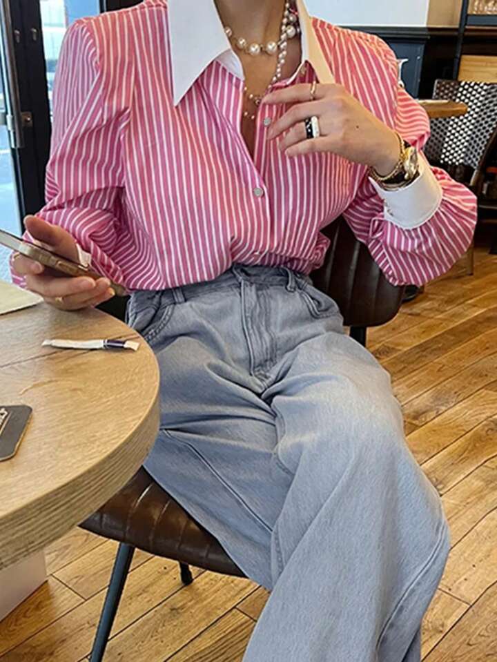 CM-TS668860 Women Casual Seoul Style Striped Button-Up Shirt Collar Long Sleeve Blouse - Pink