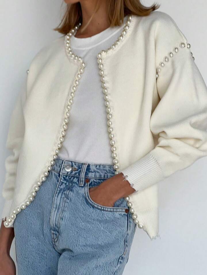 CM-CS690395 Women Casual Seoul Style Pearl Trim Distressed Hem Long Sleeve Knit Sweater - White
