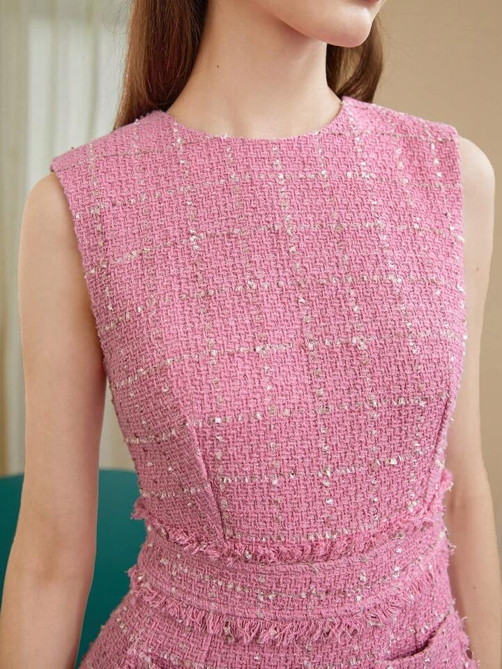 CM-DS546472 Women Elegant Seoul Style Sleeveless Plaid Print Frill Trim Tweed Dress - Hot Pink