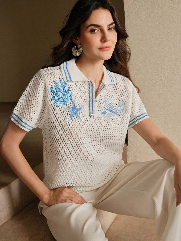 CM-TS954610 Women Casual Seoul Style Starfish Embroidery Seashell Polo Neckline Short Sleeve Knit Top