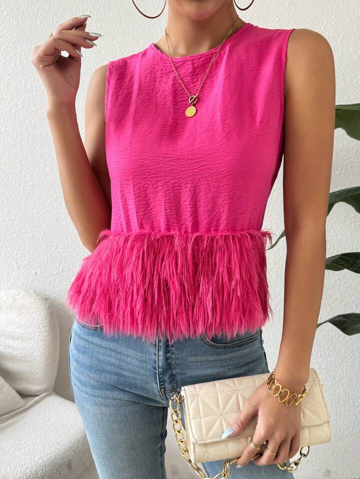CM-TS992298 Women Casual Seoul Style Round Neck Sleeveless Loose Furry Hem Blouse - Hot Pink
