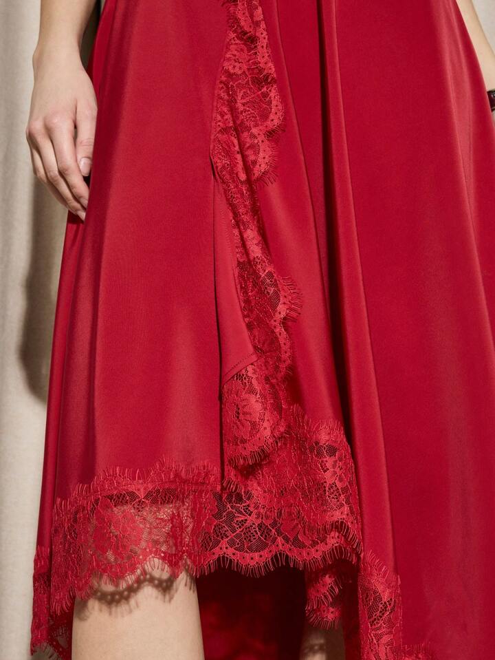 CM-BS631291 Women Elegant Seoul Style Satin Delicate Lace Trim Asymmetric Hanky Hem Design Skirt - Red