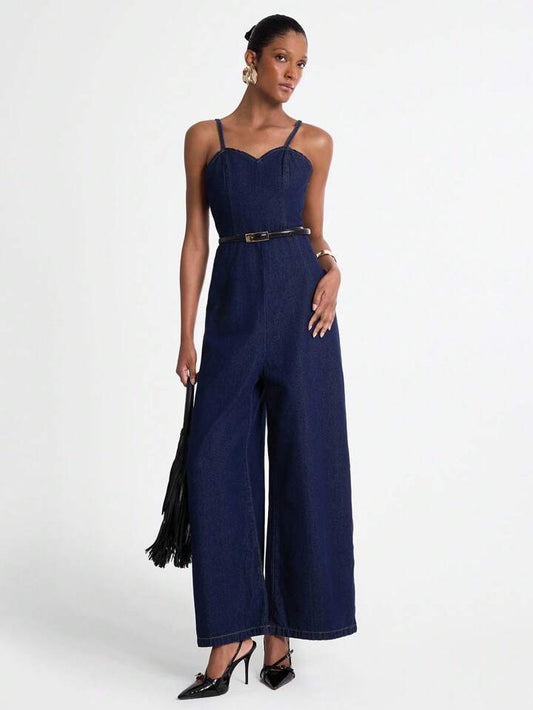 CM-JS419556 Women Casual Seoul Style Dark Wash Spaghetti Strap Sleeveless Extra Long Denim Jumpsuit