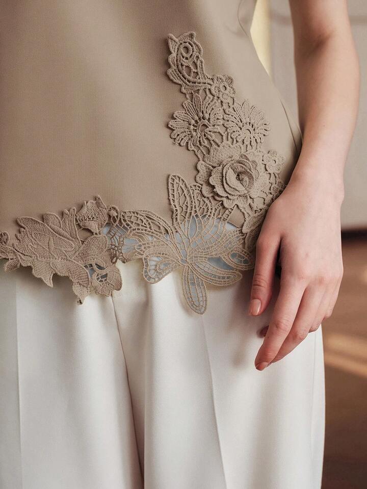 CM-TS777949 Women Elegant Seoul Style Round Neck Short Sleeve Lace Patchwork 3D Embroidered Floral Knit T-Shirt - Khaki