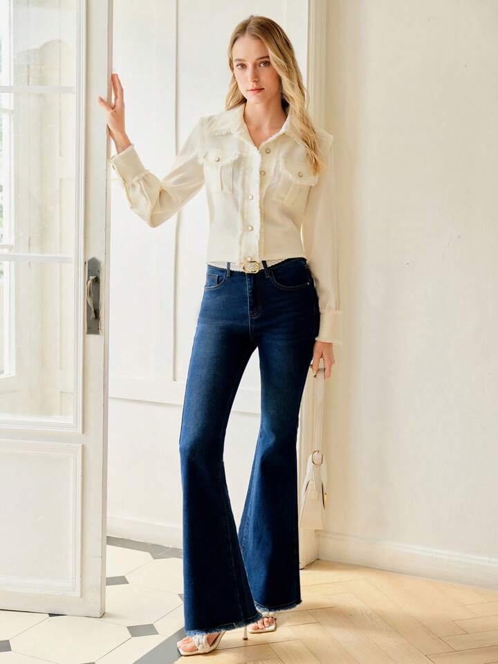 CM-BS661571 Women Elegant Seoul Style Raw Hem Extra Long Flare Leg Jeans - Blue