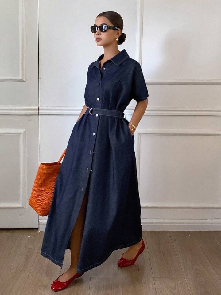CM-DS949038 Women Casual Seoul Style Collared Waist Cinched Short Sleeve Oversized Denim Dress - Blue