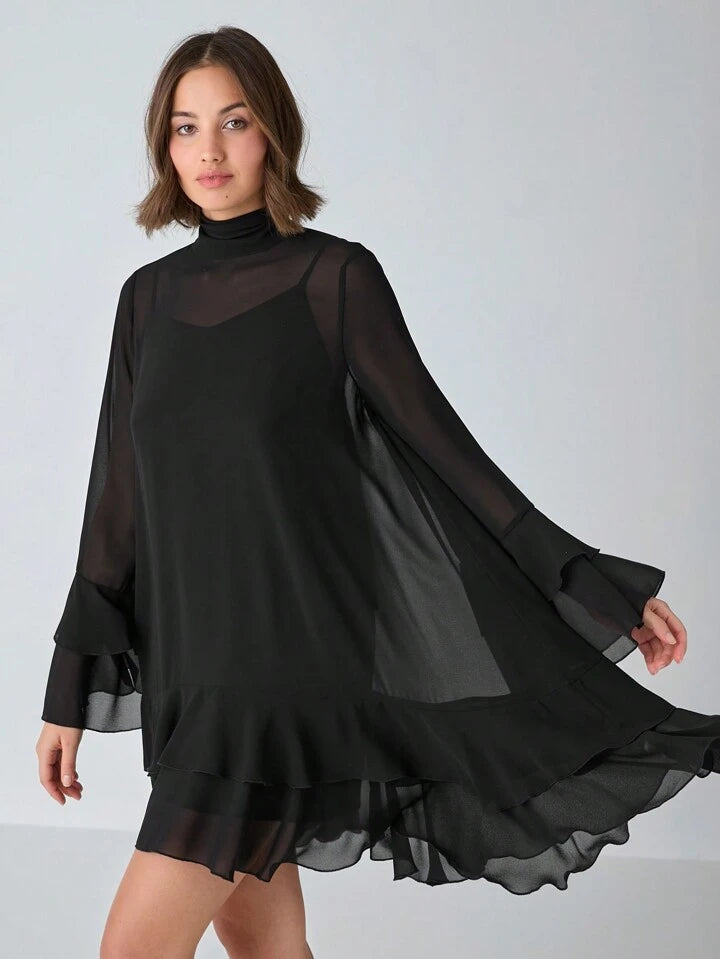 CM-DS399818 Women Elegant Seoul Style Solid Stand Collar Long Sleeve High Waist A-Line Dress - Black