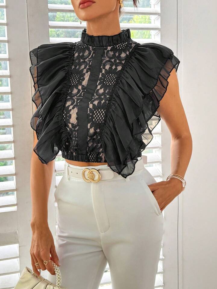 CM-TS736693 Women Elegant Seoul Style Lace Notched Neckline Ruffle Trim Shirt - Black