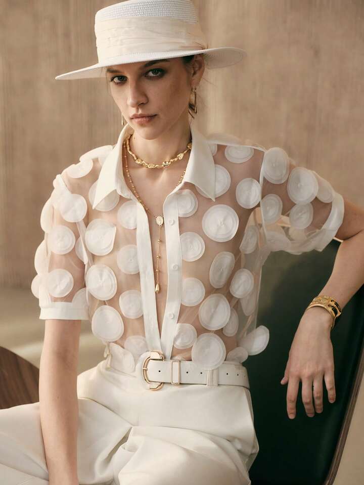 CM-TS247602 Women Elegant Seoul Style Mesh Floral Cutout Sheer Collar Neckline Short Sleeve Blouse - White