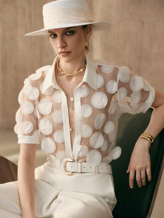 CM-TS247602 Women Elegant Seoul Style Mesh Floral Cutout Sheer Collar Neckline Short Sleeve Blouse - White