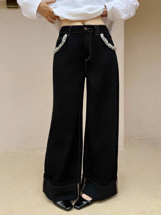 CM-BS337303 Women Casual Seoul Style Ribbon Decorative Pockets High Waist Extra Long Wide Leg Jeans - Black