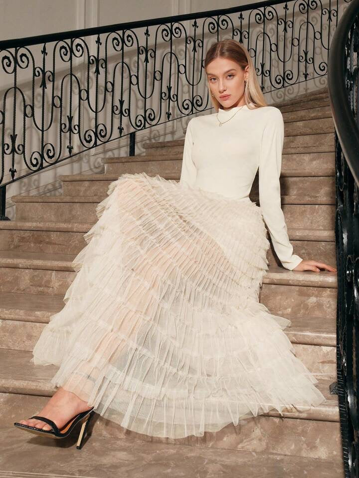 CM-DS625857 Women Elegant Seoul Style Stand Collar Long Sleeve Mesh Patchwork Dress - White