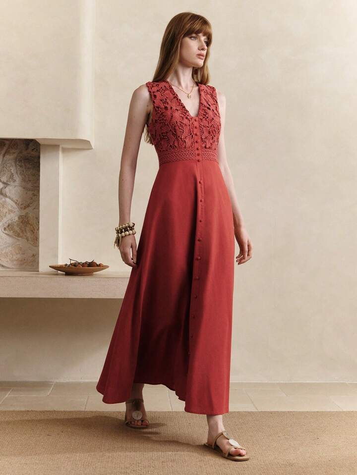 CM-DS111440 Women Trendy Bohemian Style Lace Patchwork V-Neck Sleeveless Waist-Cinched Hollow Trim Maxi Dress