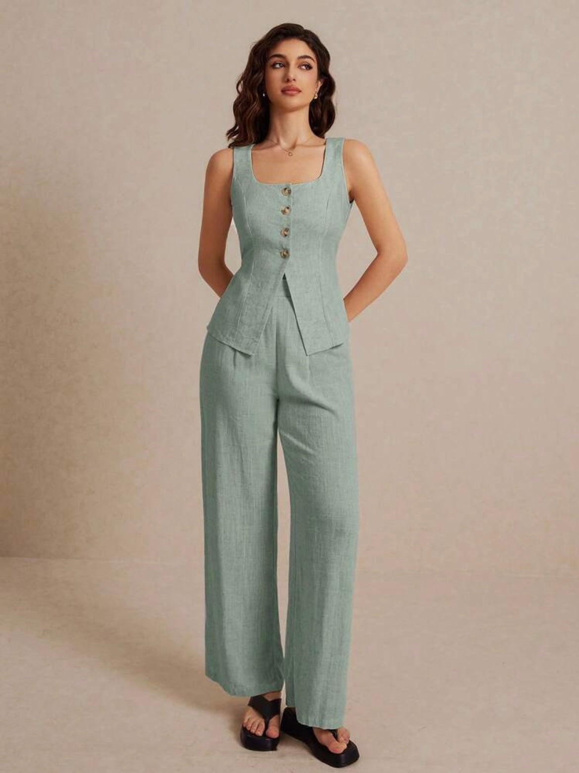 CM-SS607027 Women Casual Seoul Style Metal Button Embellishment Split Square Neck Sleeveless Vest With Pants - Set